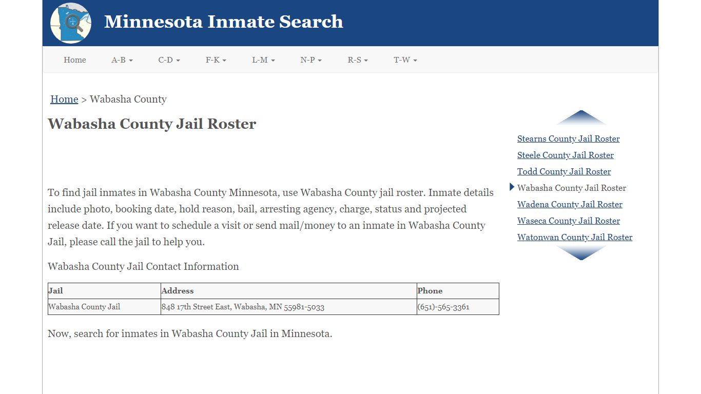Wabasha County Jail Roster - Minnesota Inmate Search